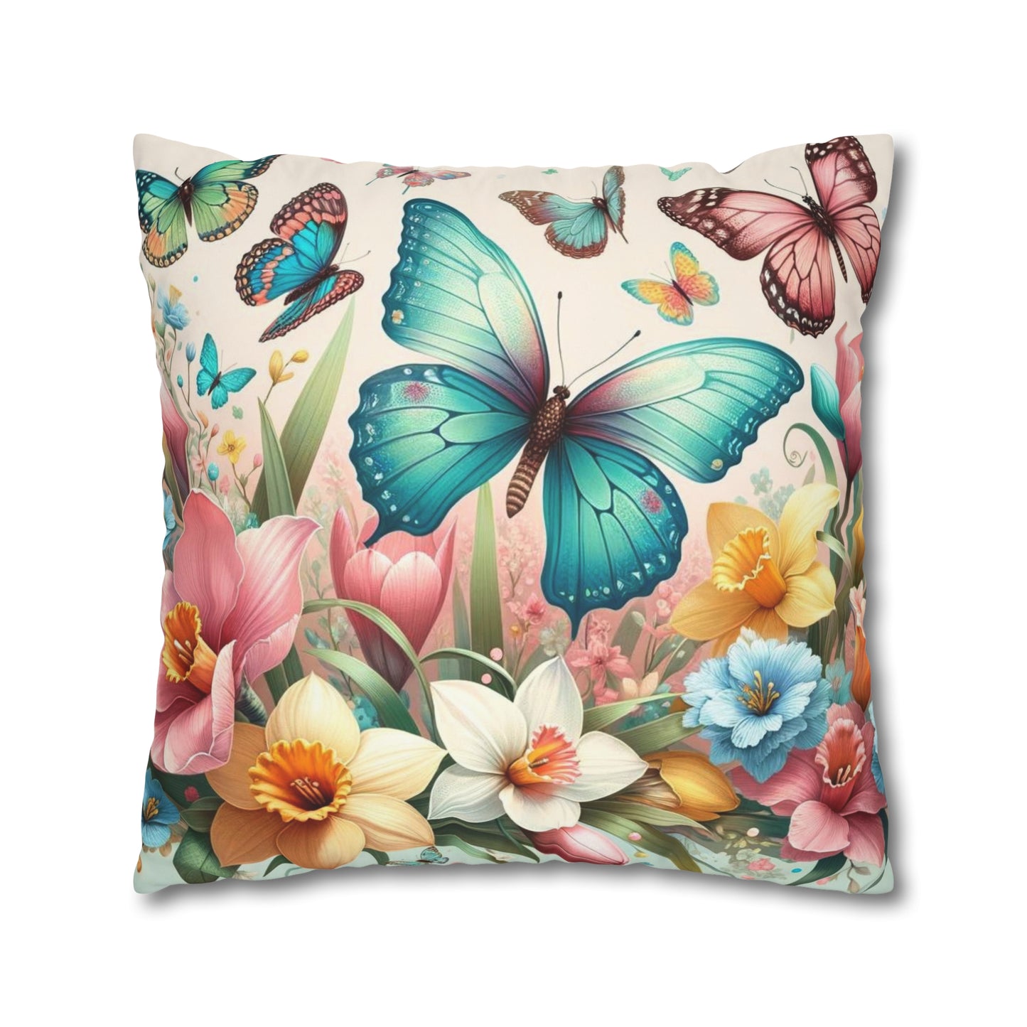 Happy Butterflies Easter Floral Square Poly Canvas Pillowcase, Decorative Luxury Pillow Cover for Easter, Gift for Easter, Pillow Cover Gift