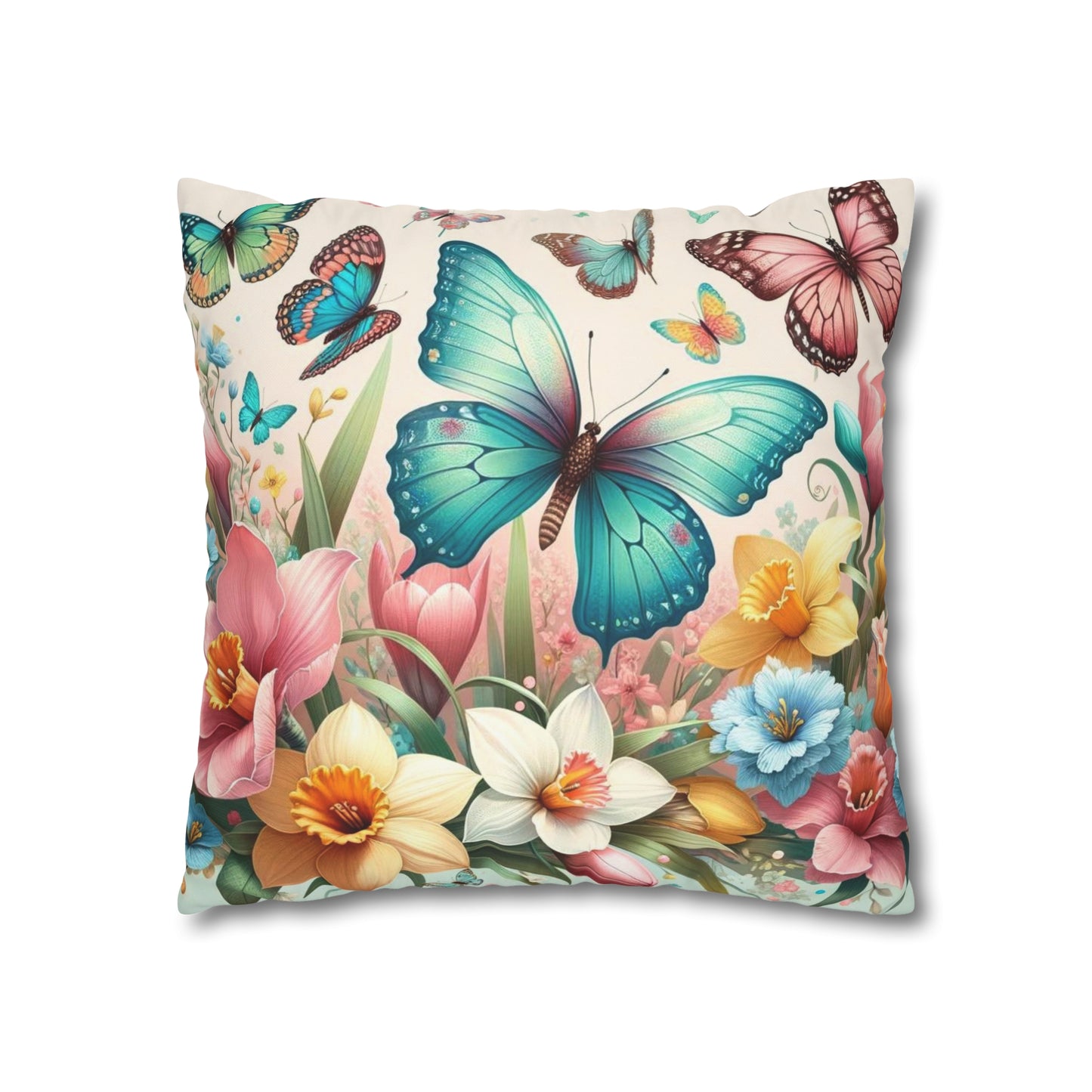 Happy Butterflies Easter Floral Square Poly Canvas Pillowcase, Decorative Luxury Pillow Cover for Easter, Gift for Easter, Pillow Cover Gift