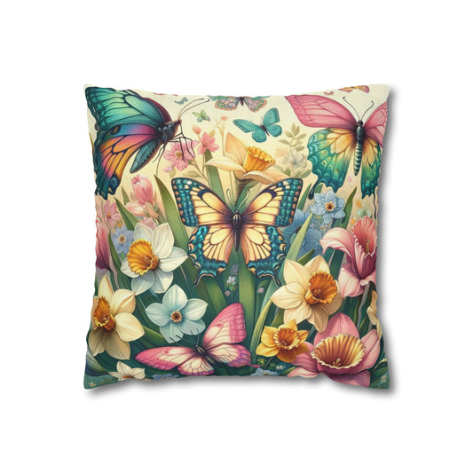 Butterflies Floral Easter Spun Polyester Square Pillow Case, Easter Pillow Cover, Decorative Luxury Pillow Cover Vibrant Colors, Easter Gift