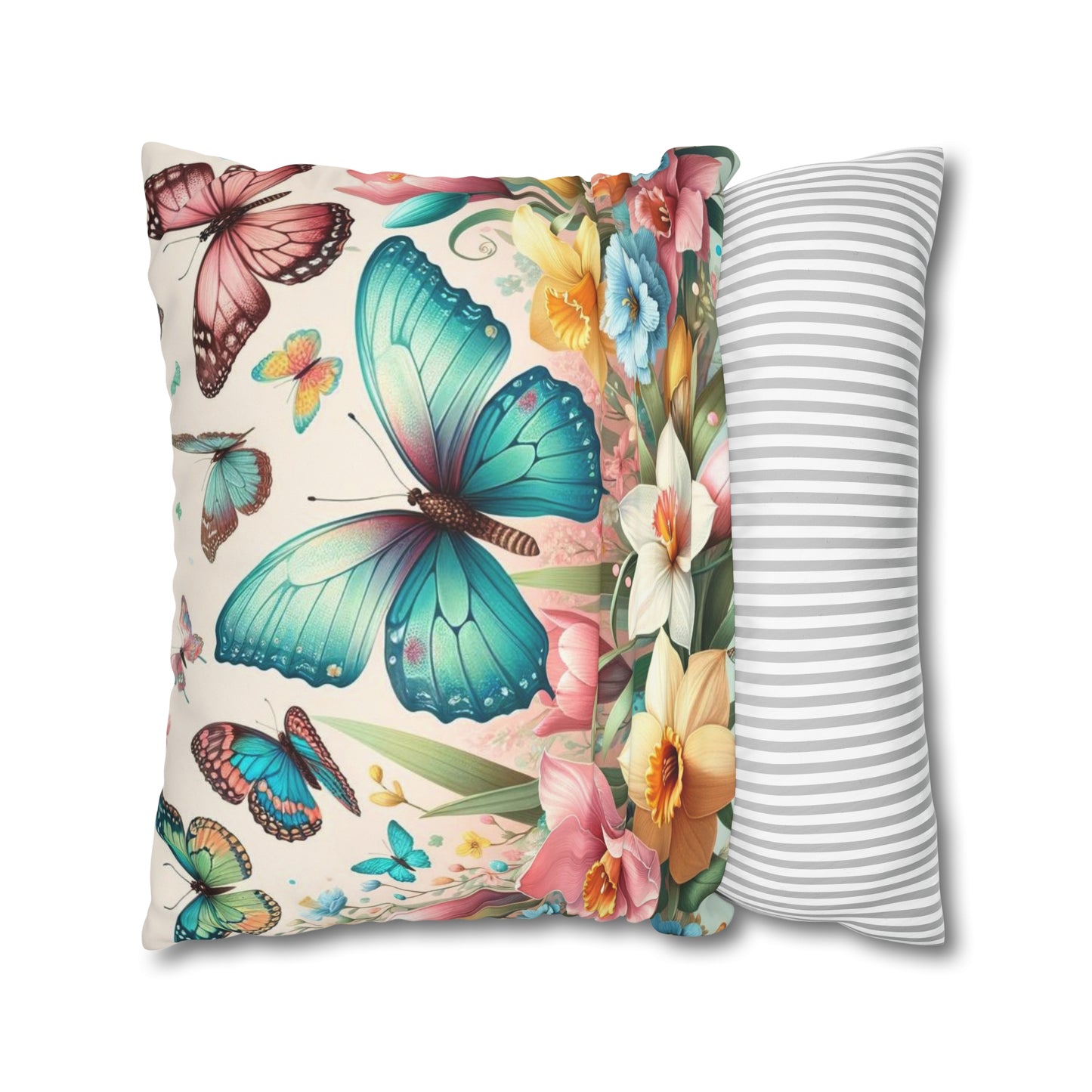 Happy Butterflies Easter Floral Square Poly Canvas Pillowcase, Decorative Luxury Pillow Cover for Easter, Gift for Easter, Pillow Cover Gift