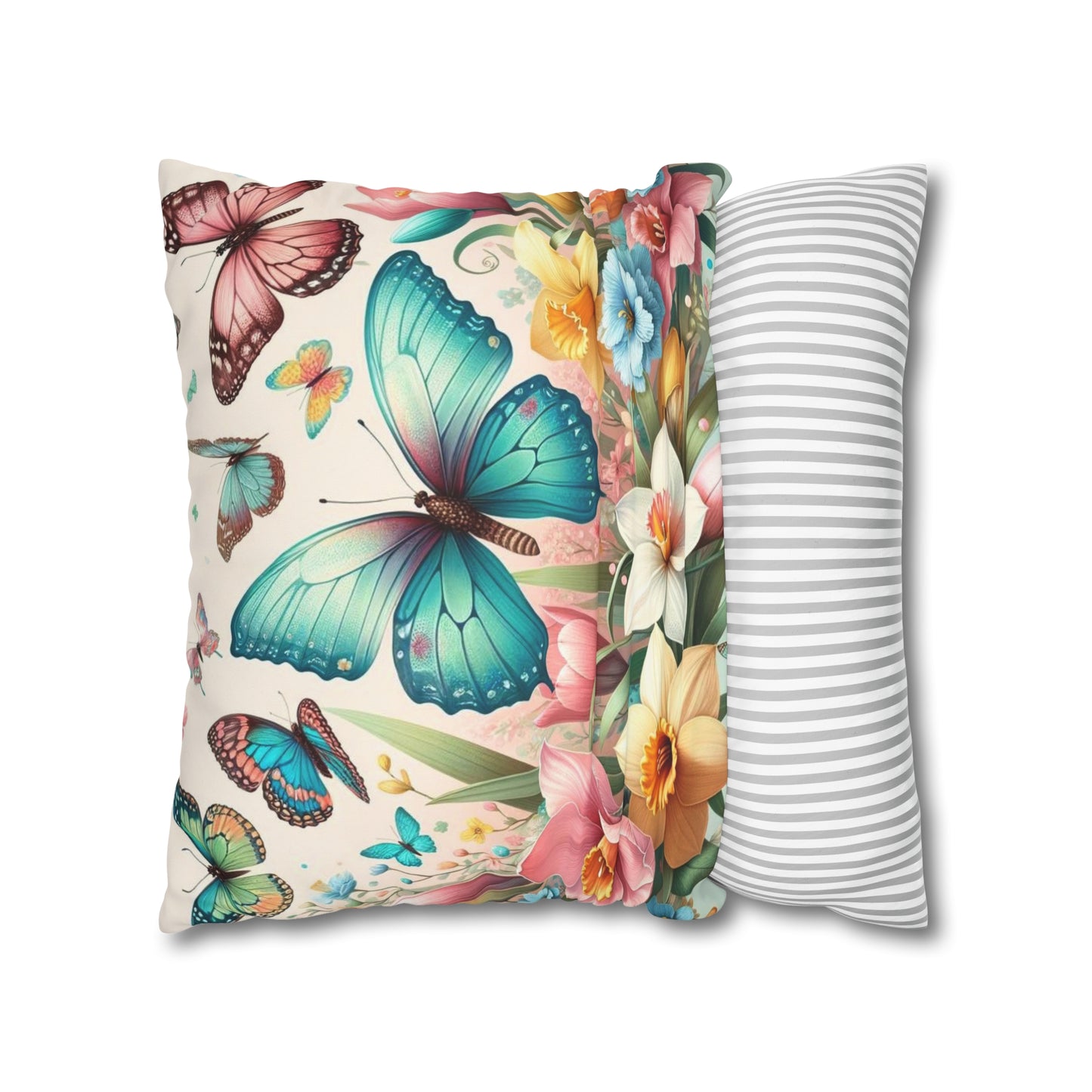 Happy Butterflies Easter Floral Square Poly Canvas Pillowcase, Decorative Luxury Pillow Cover for Easter, Gift for Easter, Pillow Cover Gift