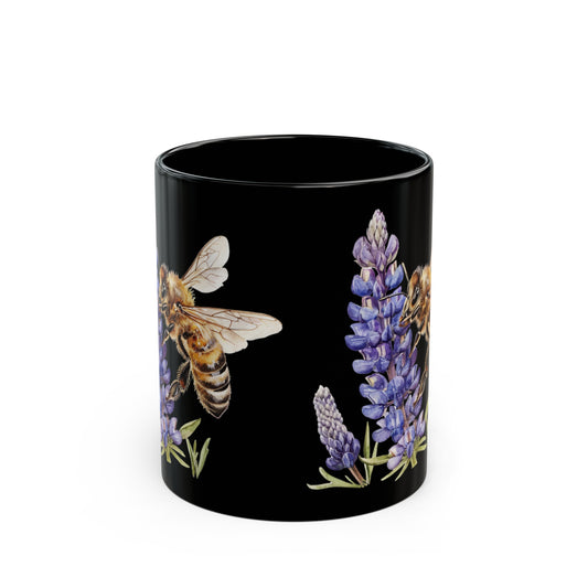 Honeybee and Lavender Black Mug 11oz | Wildflower | Floral pattern | Ceramic mug | Pressed Flowers Coffee cup | Teacup | Bee Lover Gift Mug