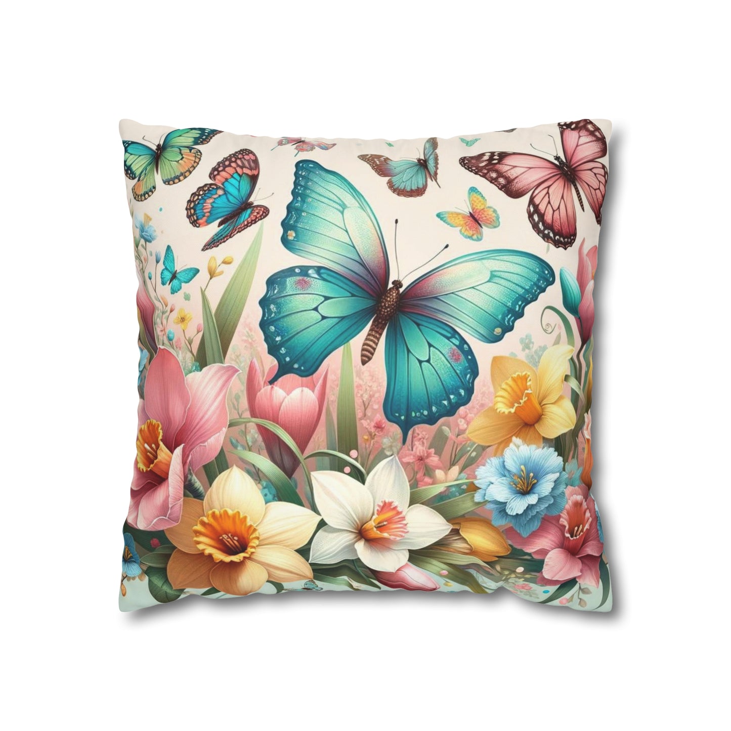 Happy Butterflies Easter Floral Square Poly Canvas Pillowcase, Decorative Luxury Pillow Cover for Easter, Gift for Easter, Pillow Cover Gift