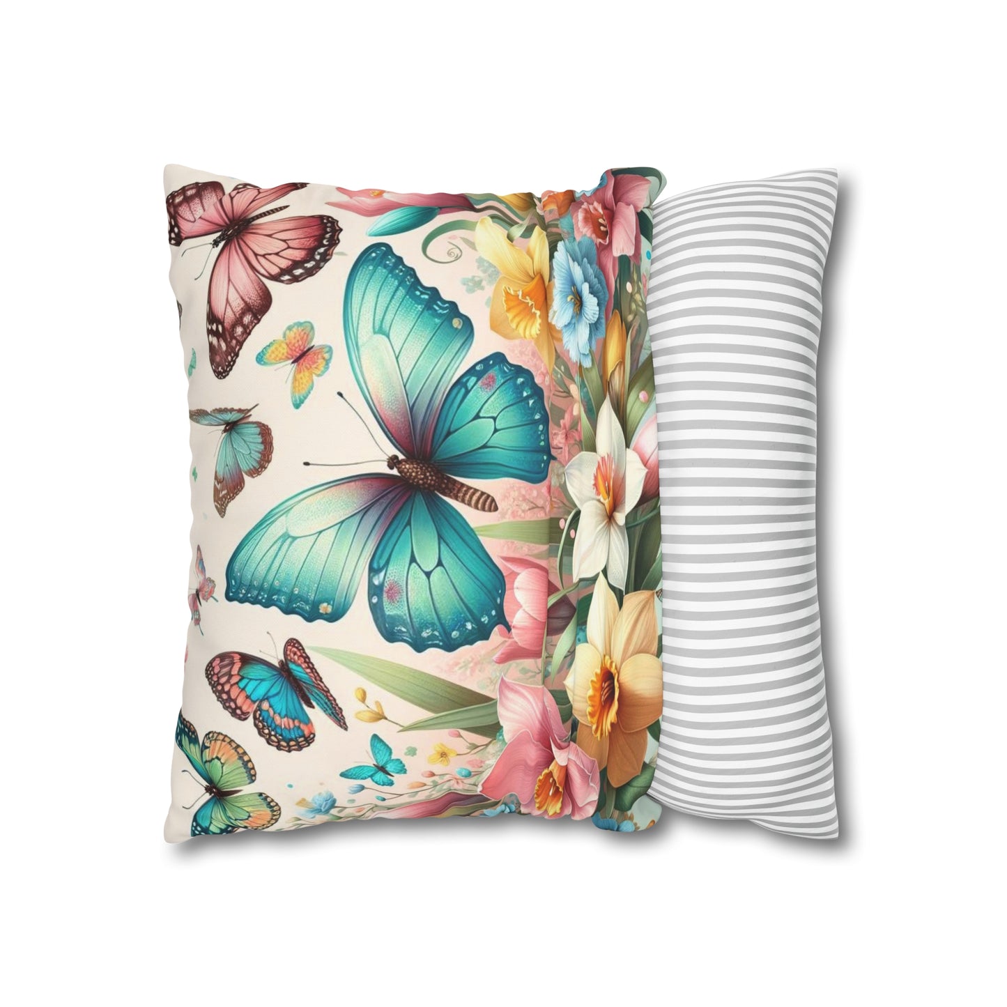 Happy Butterflies Easter Floral Square Poly Canvas Pillowcase, Decorative Luxury Pillow Cover for Easter, Gift for Easter, Pillow Cover Gift