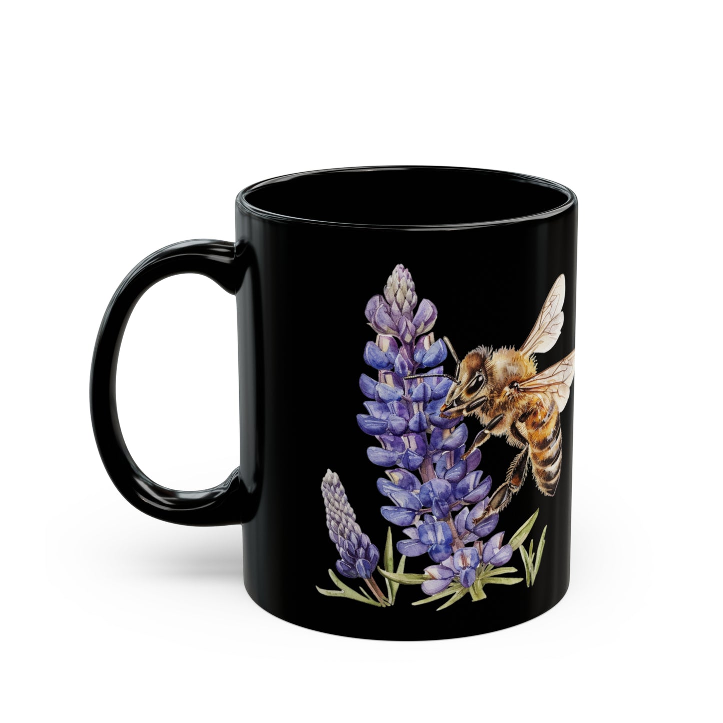 Honeybee and Lavender Black Mug 11oz | Wildflower | Floral pattern | Ceramic mug | Pressed Flowers Coffee cup | Teacup | Bee Lover Gift Mug