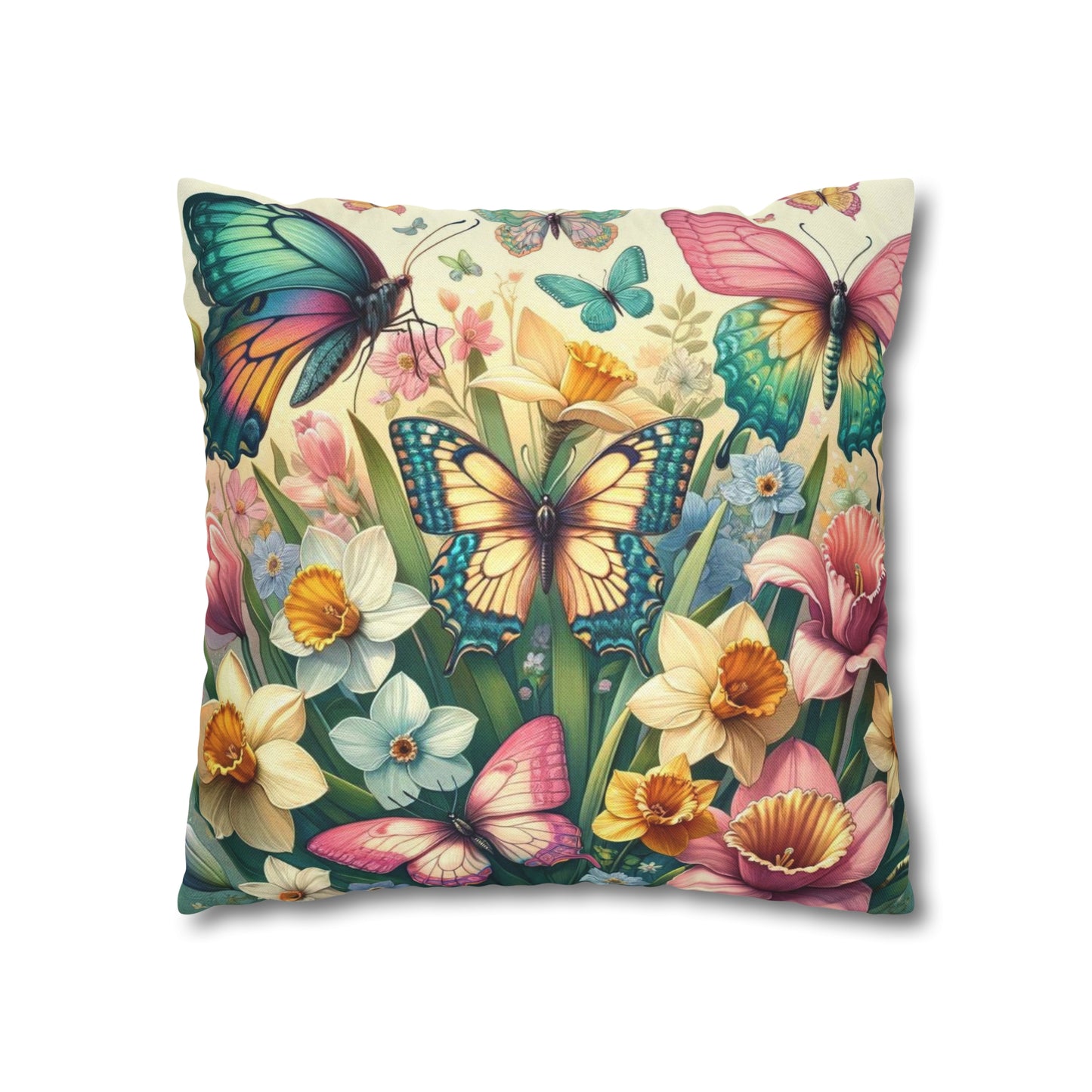 Butterflies Floral Easter Spun Polyester Square Pillow Case, Easter Pillow Cover, Decorative Luxury Pillow Cover Vibrant Colors, Easter Gift