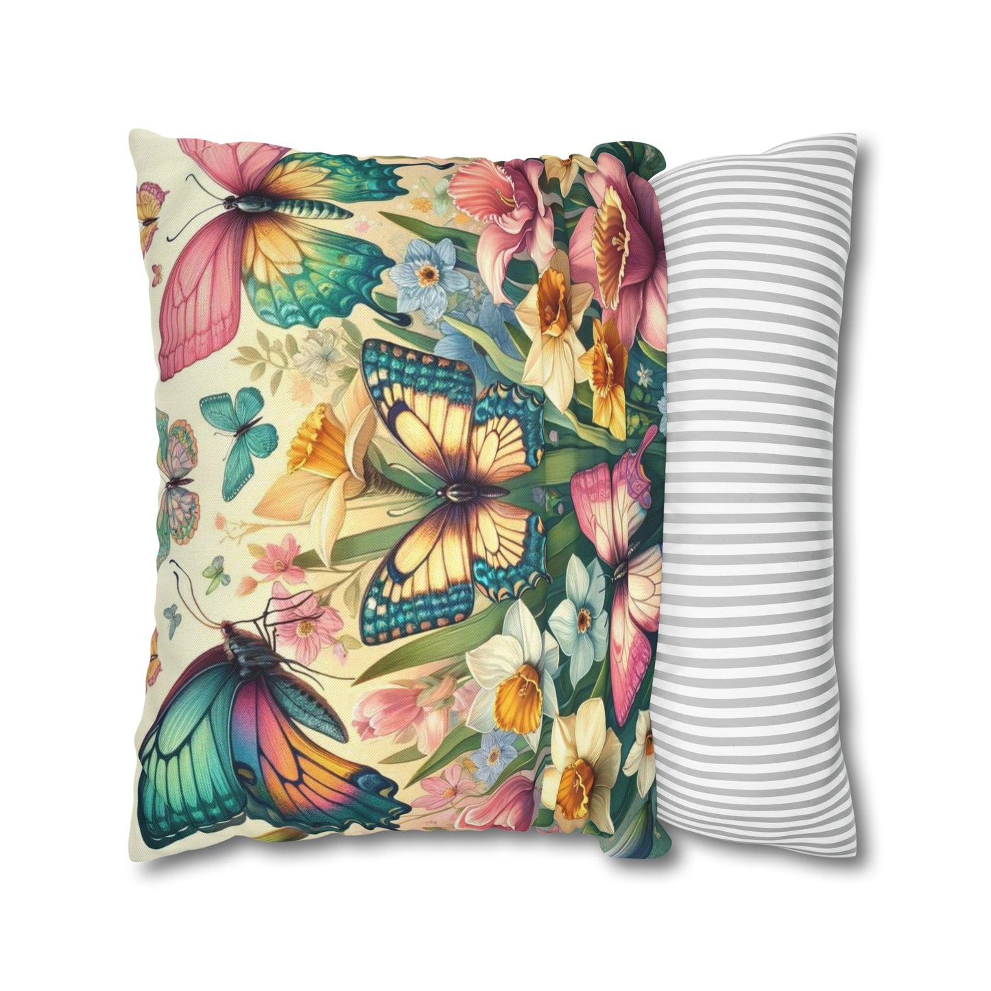 Butterflies Floral Easter Spun Polyester Square Pillow Case, Easter Pillow Cover, Decorative Luxury Pillow Cover Vibrant Colors, Easter Gift