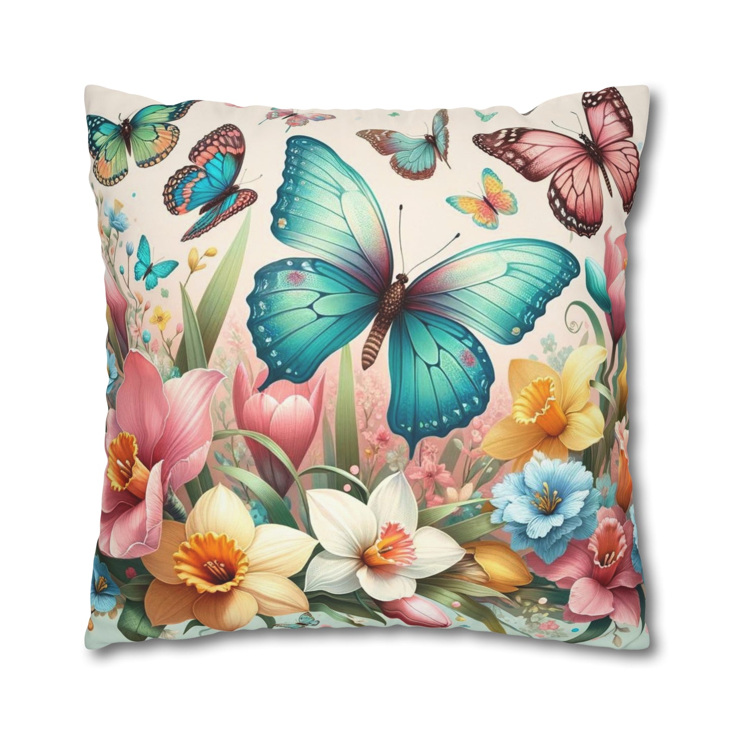 Happy Butterflies Easter Floral Square Poly Canvas Pillowcase, Decorative Luxury Pillow Cover for Easter, Gift for Easter, Pillow Cover Gift