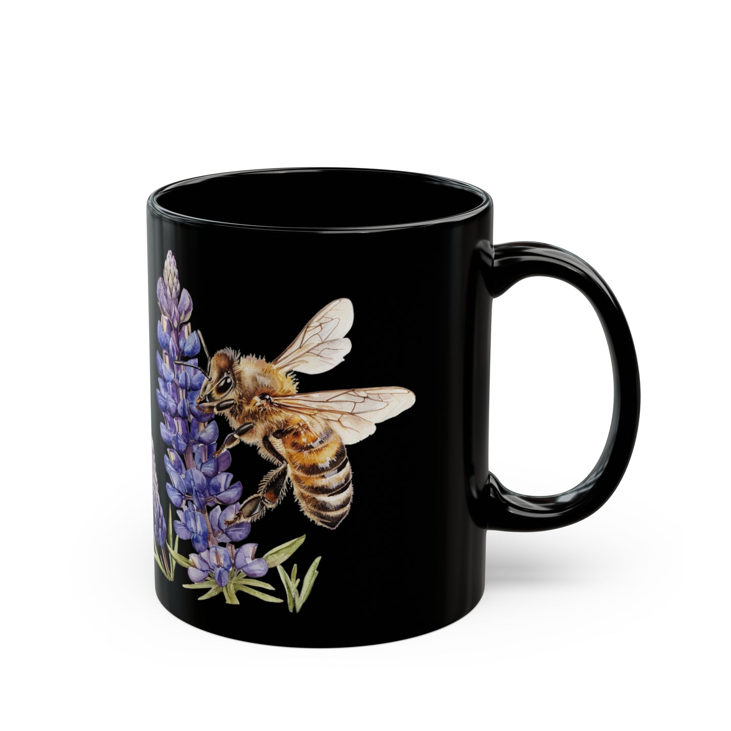 Honeybee and Lavender Black Mug 11oz | Wildflower | Floral pattern | Ceramic mug | Pressed Flowers Coffee cup | Teacup | Bee Lover Gift Mug