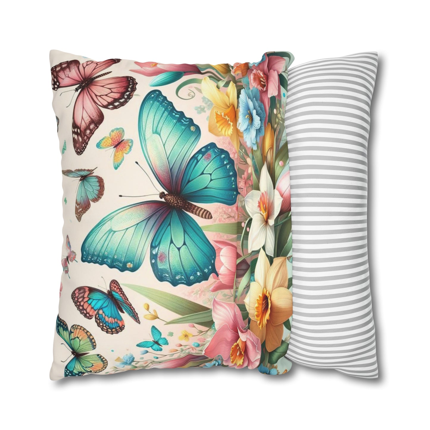 Happy Butterflies Easter Floral Square Poly Canvas Pillowcase, Decorative Luxury Pillow Cover for Easter, Gift for Easter, Pillow Cover Gift