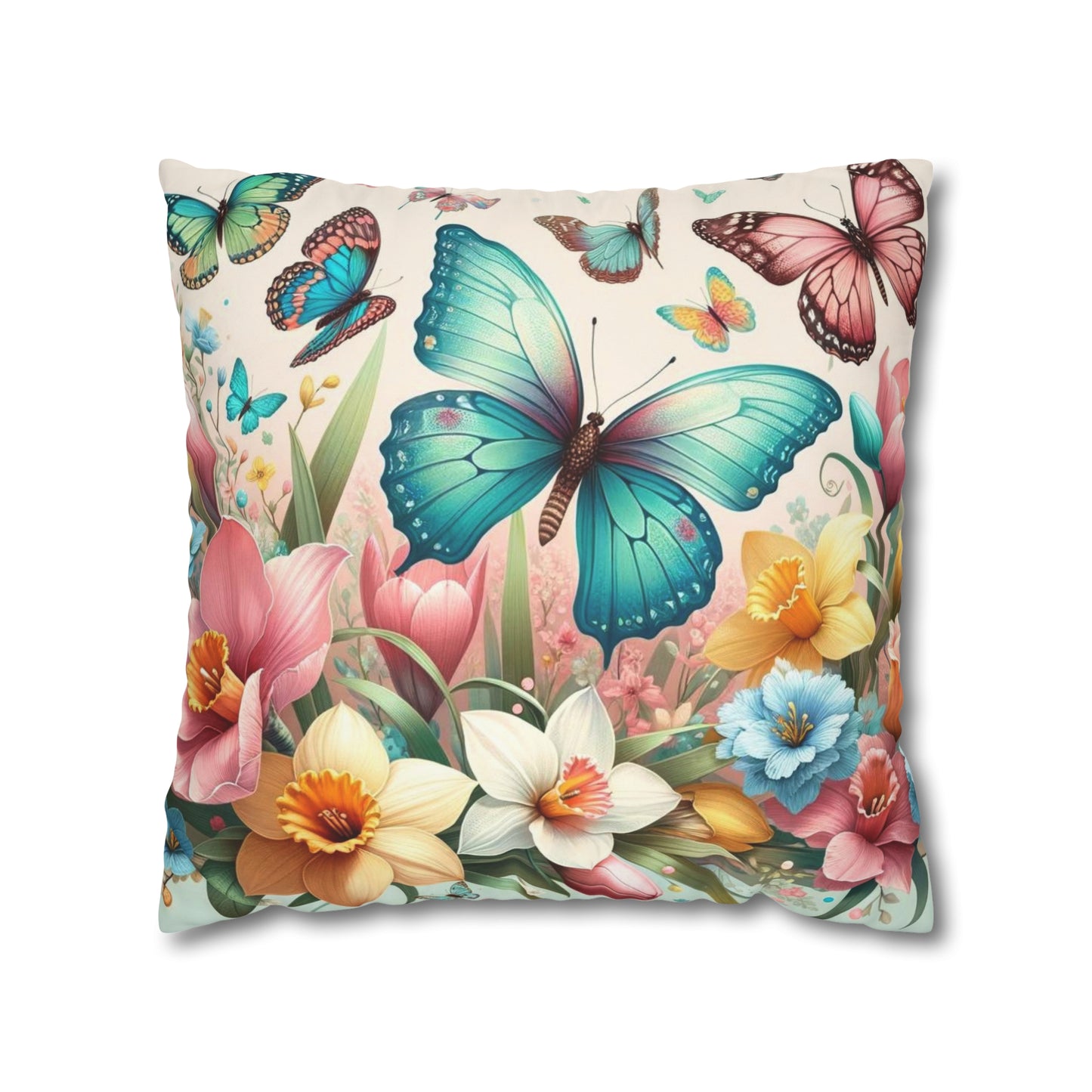 Happy Butterflies Easter Floral Square Poly Canvas Pillowcase, Decorative Luxury Pillow Cover for Easter, Gift for Easter, Pillow Cover Gift