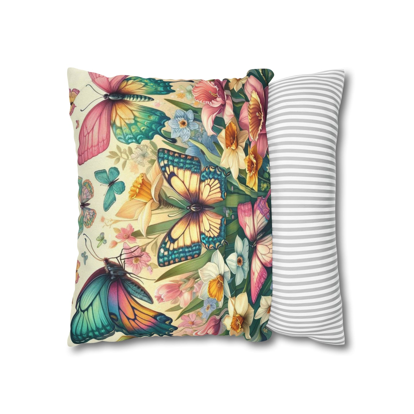 Butterflies Floral Easter Spun Polyester Square Pillow Case, Easter Pillow Cover, Decorative Luxury Pillow Cover Vibrant Colors, Easter Gift