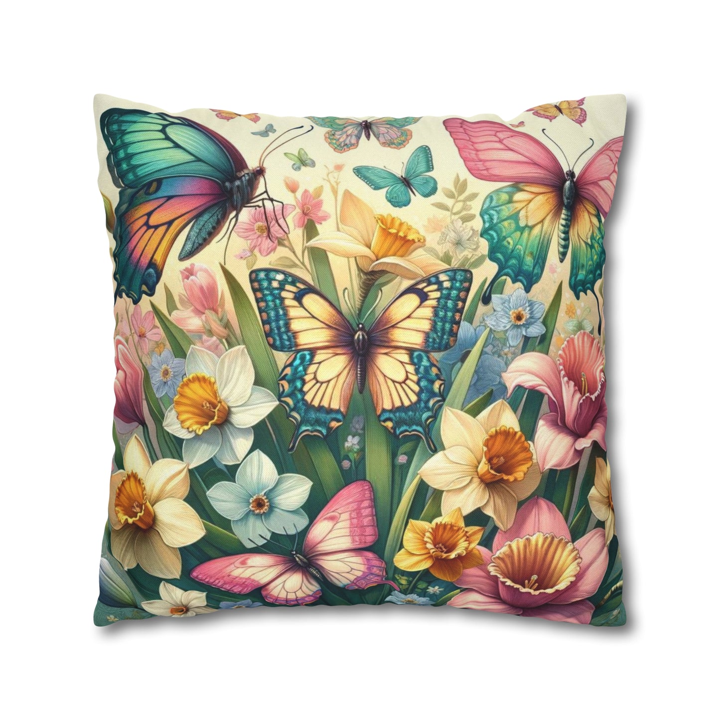 Butterflies Floral Easter Spun Polyester Square Pillow Case, Easter Pillow Cover, Decorative Luxury Pillow Cover Vibrant Colors, Easter Gift