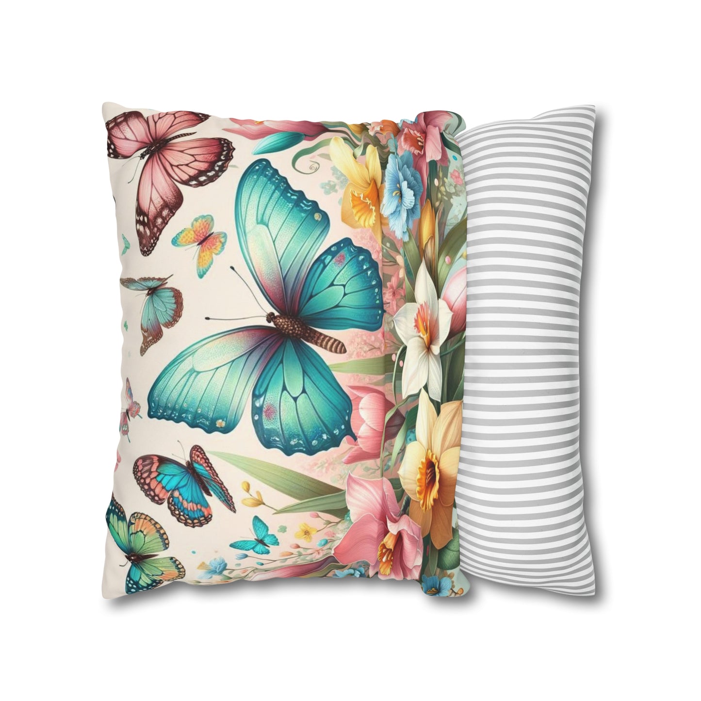 Happy Butterflies Easter Floral Square Poly Canvas Pillowcase, Decorative Luxury Pillow Cover for Easter, Gift for Easter, Pillow Cover Gift