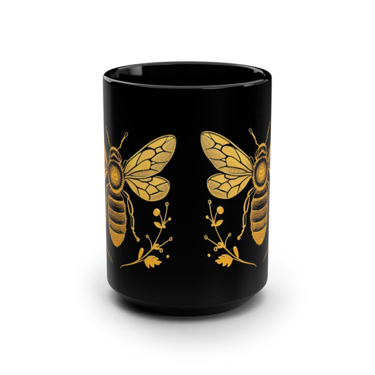 Honeybee Black Mug, 15oz | Wildflowers | Floral pattern | Ceramic mug | Pressed Flowers Coffee cup | Teacup | Bee Lovers Gift Mug |