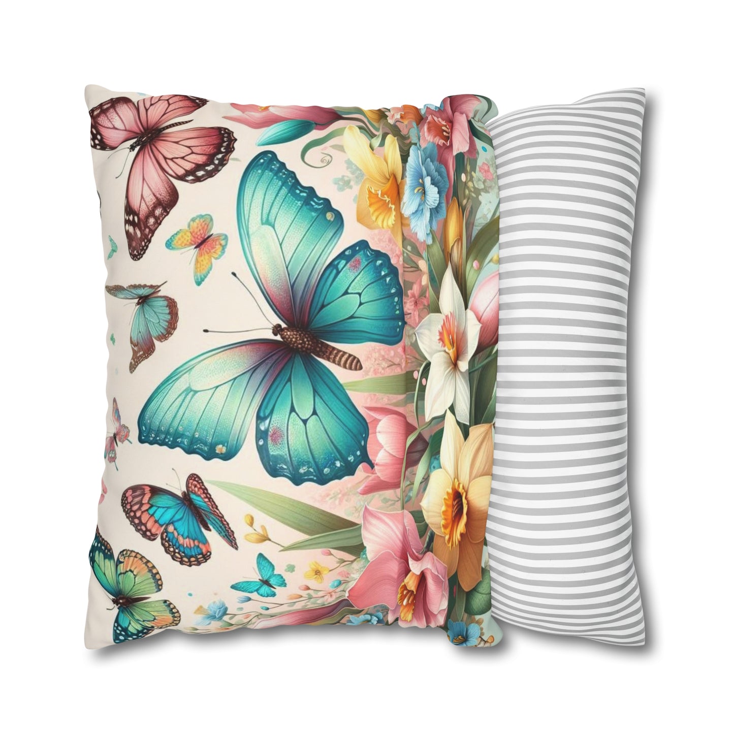 Happy Butterflies Easter Floral Square Poly Canvas Pillowcase, Decorative Luxury Pillow Cover for Easter, Gift for Easter, Pillow Cover Gift