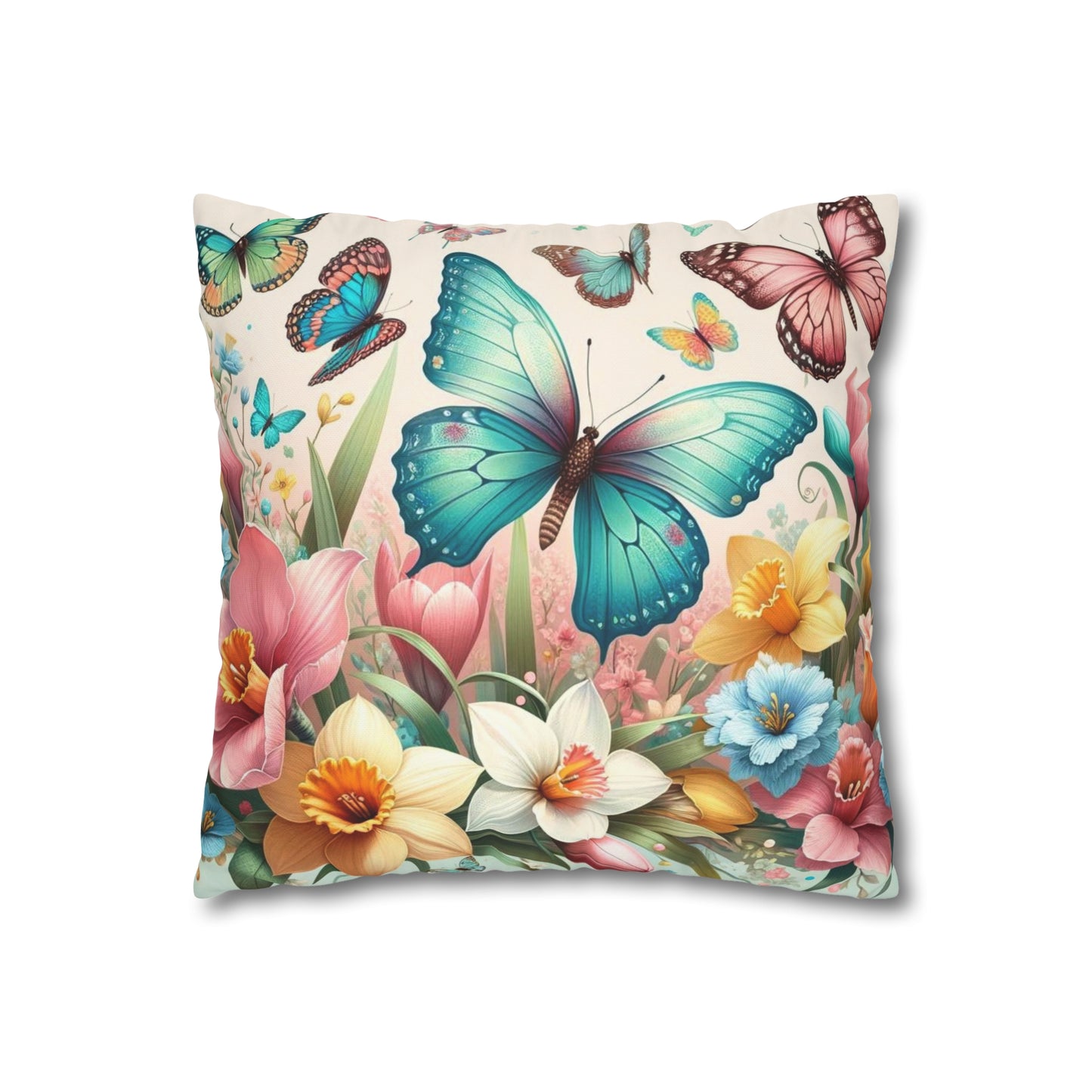 Happy Butterflies Easter Floral Square Poly Canvas Pillowcase, Decorative Luxury Pillow Cover for Easter, Gift for Easter, Pillow Cover Gift