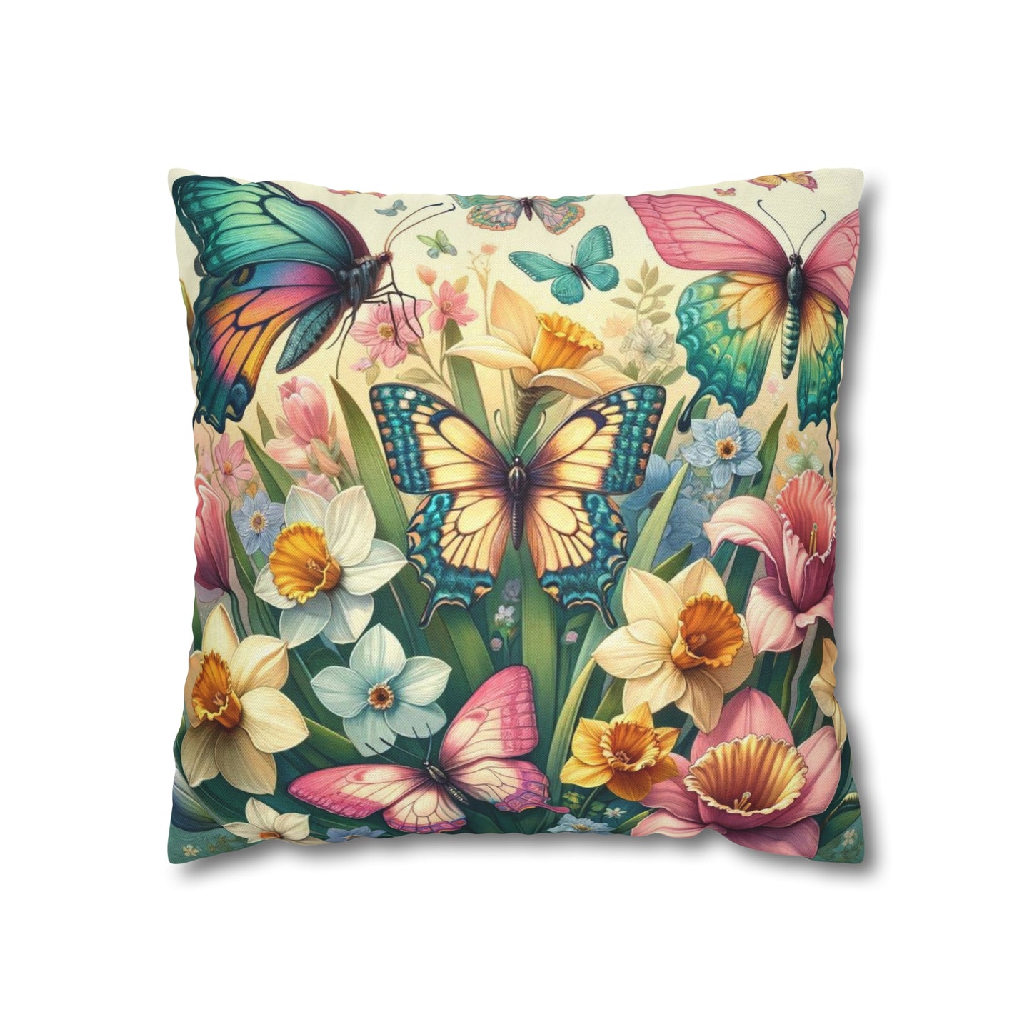 Butterflies Floral Easter Spun Polyester Square Pillow Case, Easter Pillow Cover, Decorative Luxury Pillow Cover Vibrant Colors, Easter Gift