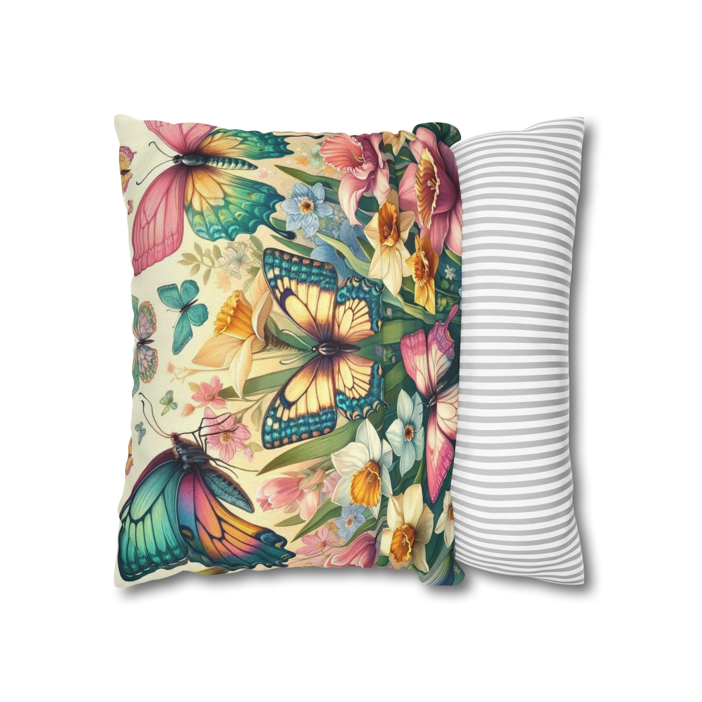 Butterflies Floral Easter Spun Polyester Square Pillow Case, Easter Pillow Cover, Decorative Luxury Pillow Cover Vibrant Colors, Easter Gift