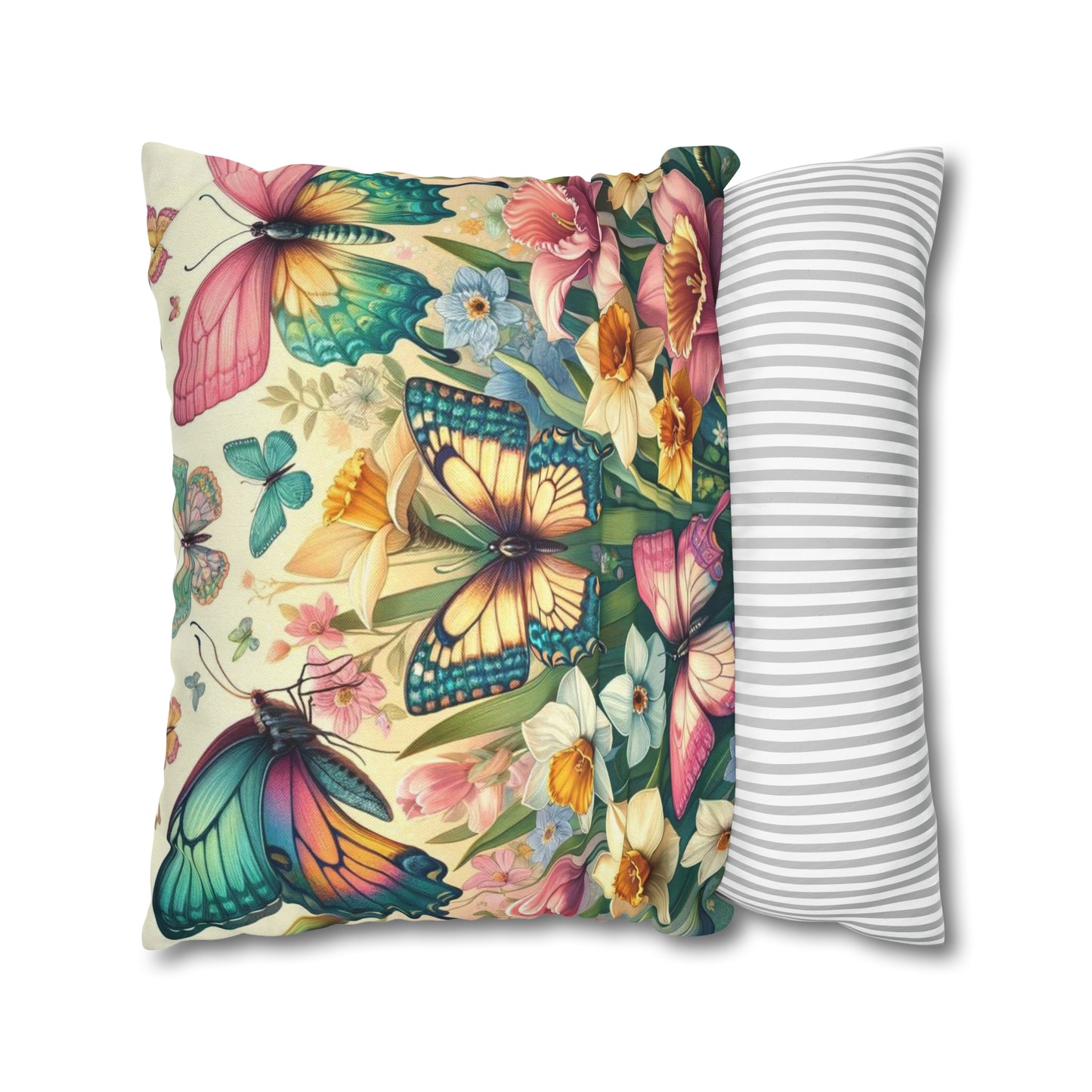 Butterflies Floral Easter Spun Polyester Square Pillow Case, Easter Pillow Cover, Decorative Luxury Pillow Cover Vibrant Colors, Easter Gift