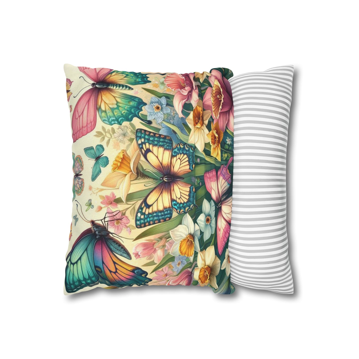 Butterflies Floral Easter Spun Polyester Square Pillow Case, Easter Pillow Cover, Decorative Luxury Pillow Cover Vibrant Colors, Easter Gift