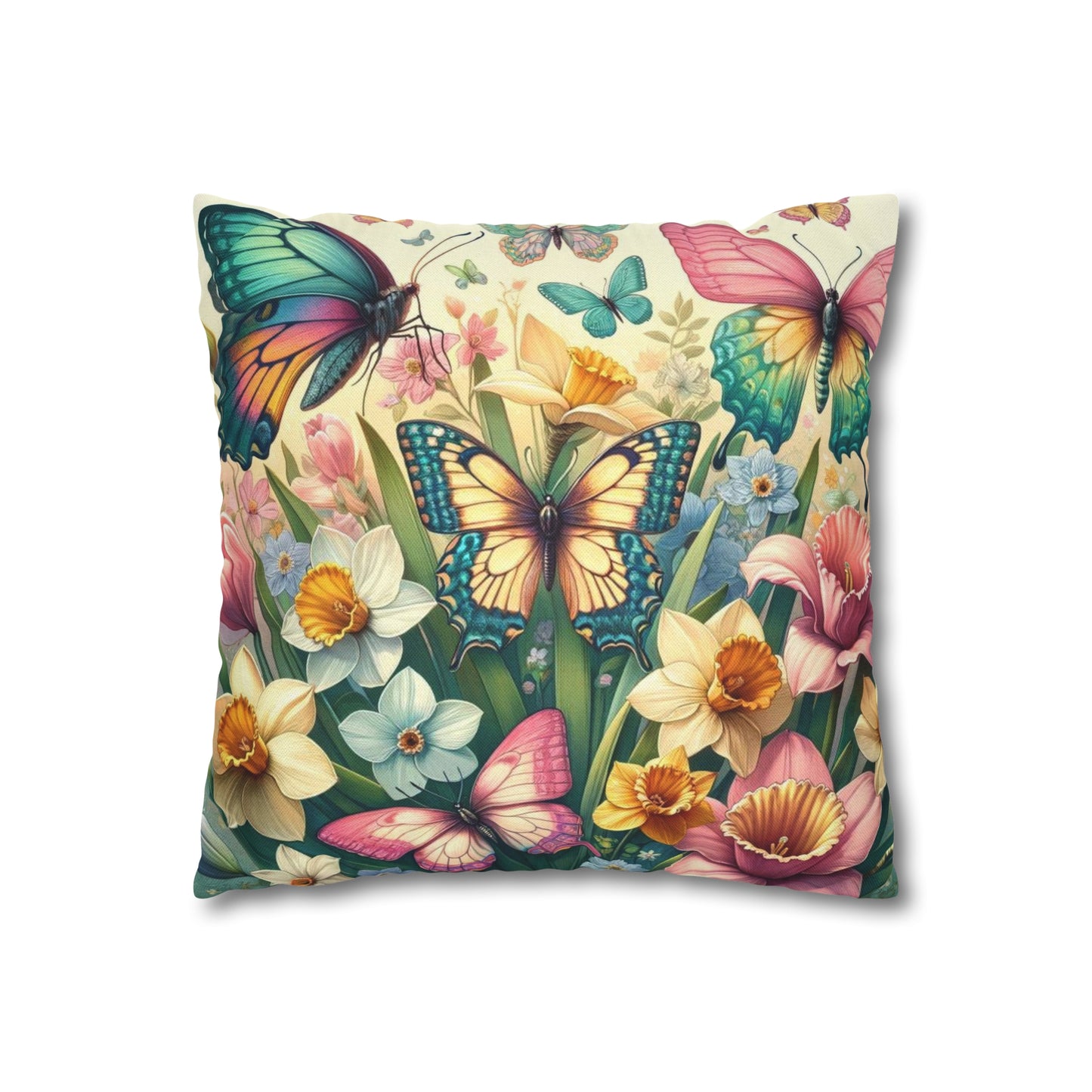 Butterflies Floral Easter Spun Polyester Square Pillow Case, Easter Pillow Cover, Decorative Luxury Pillow Cover Vibrant Colors, Easter Gift