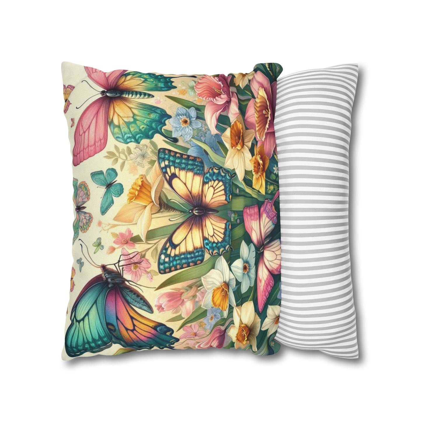 Butterflies Floral Easter Spun Polyester Square Pillow Case, Easter Pillow Cover, Decorative Luxury Pillow Cover Vibrant Colors, Easter Gift