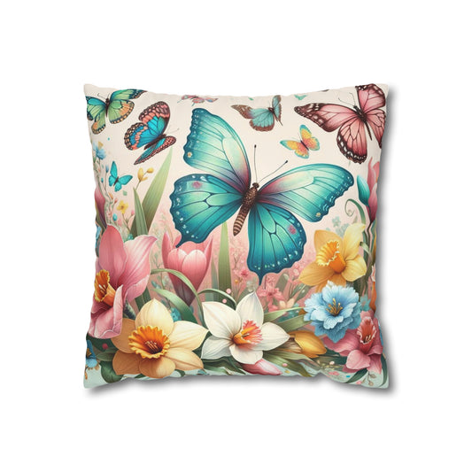 Happy Butterflies Easter Floral Square Poly Canvas Pillowcase, Decorative Luxury Pillow Cover for Easter, Gift for Easter, Pillow Cover Gift