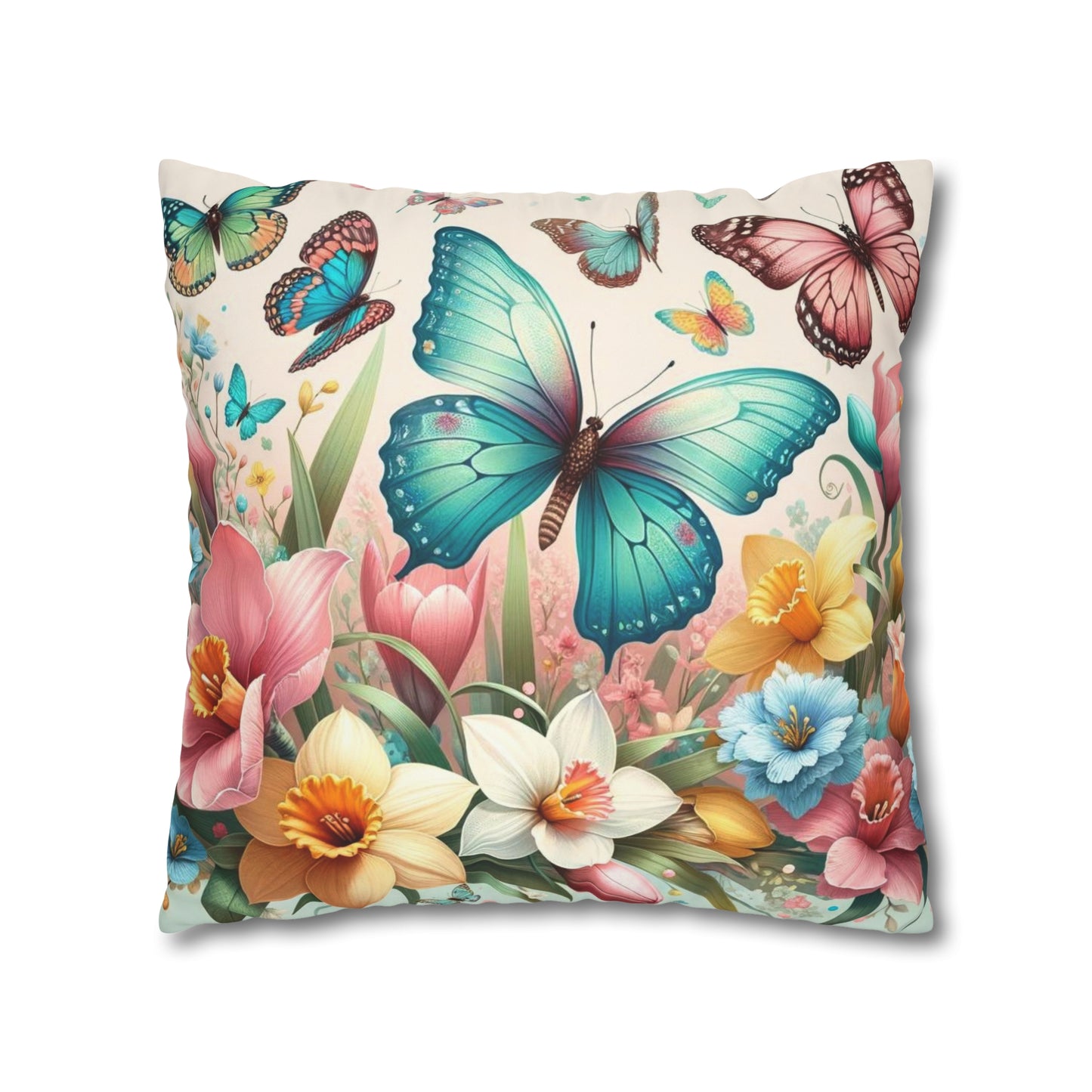 Happy Butterflies Easter Floral Square Poly Canvas Pillowcase, Decorative Luxury Pillow Cover for Easter, Gift for Easter, Pillow Cover Gift