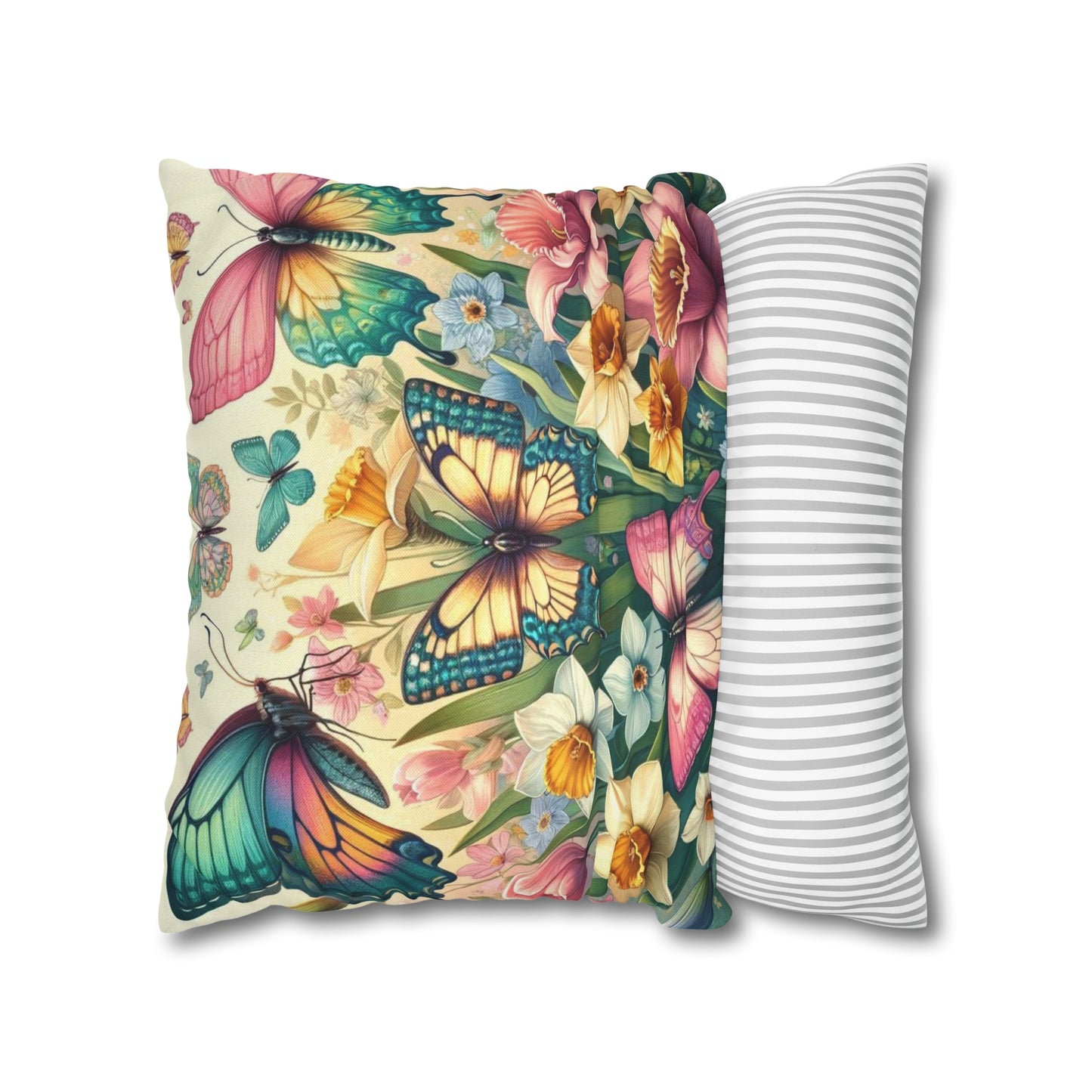 Butterflies Floral Easter Spun Polyester Square Pillow Case, Easter Pillow Cover, Decorative Luxury Pillow Cover Vibrant Colors, Easter Gift