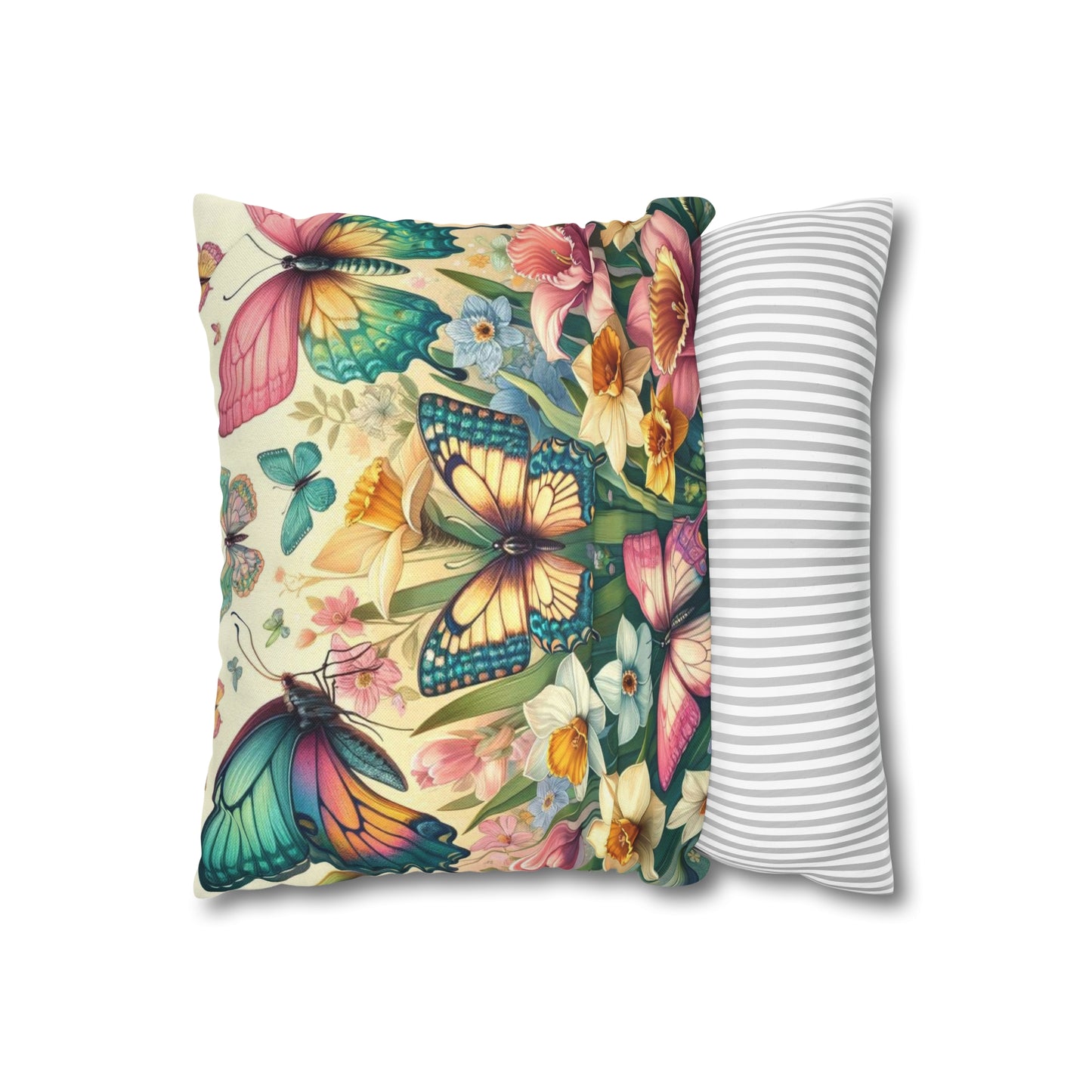 Butterflies Floral Easter Spun Polyester Square Pillow Case, Easter Pillow Cover, Decorative Luxury Pillow Cover Vibrant Colors, Easter Gift