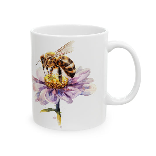 Honeybee on a Flower Mug, 11oz | Wildflowers | Floral pattern | Ceramic mug | Pollination Bee Coffee cup | Teacup | Bee Lovers Gift Mug